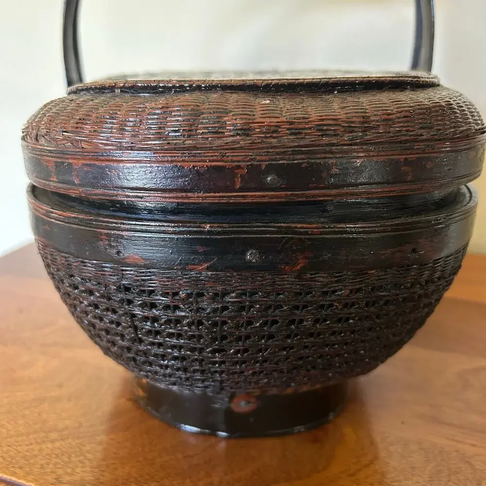 Vintage, Hand-Woven Chinese Bamboo and Rattan Basket, Black Lacquer